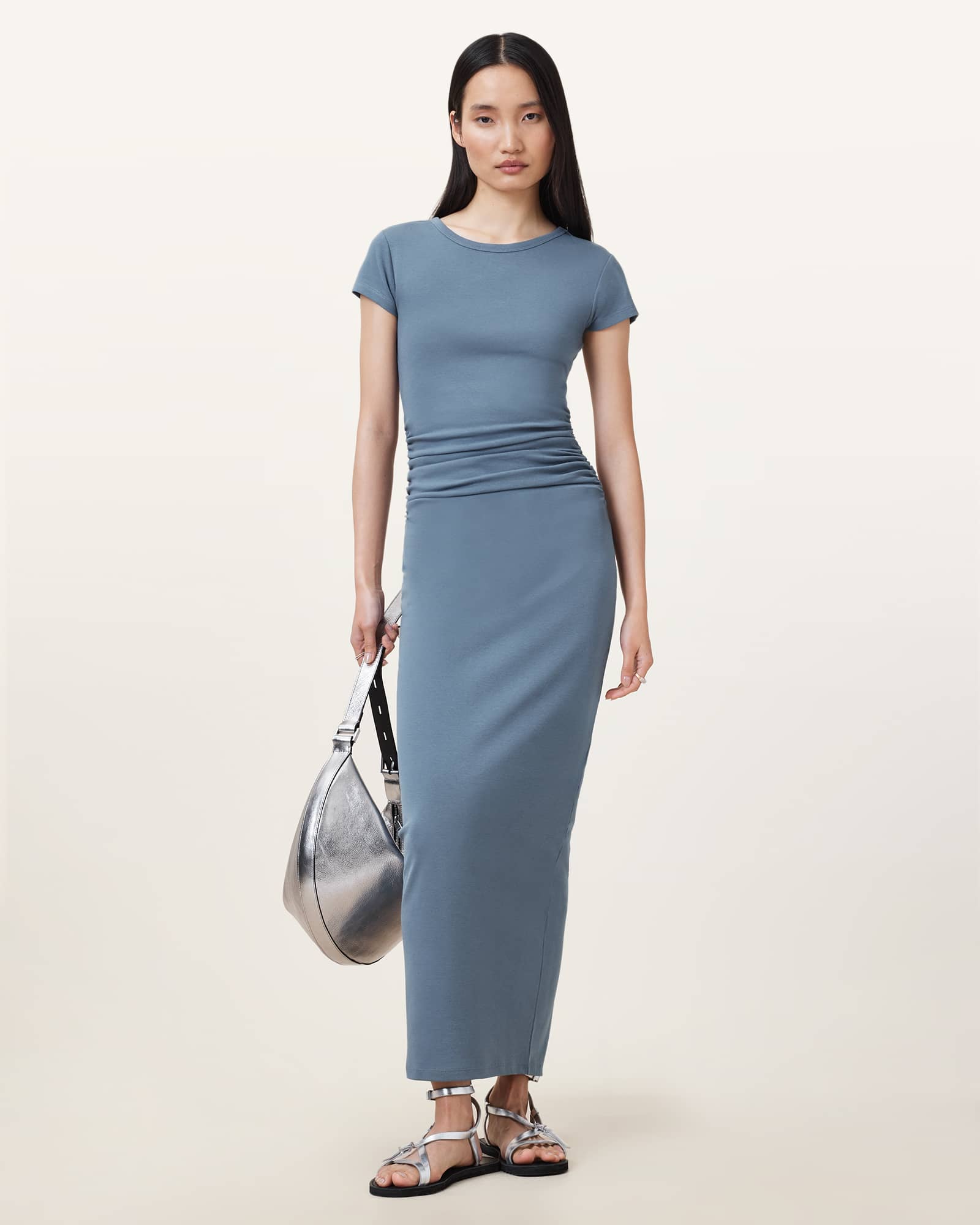 All Saints Katarina Short Sleeve Slim Fit Midi Dress Flint Stone Blue