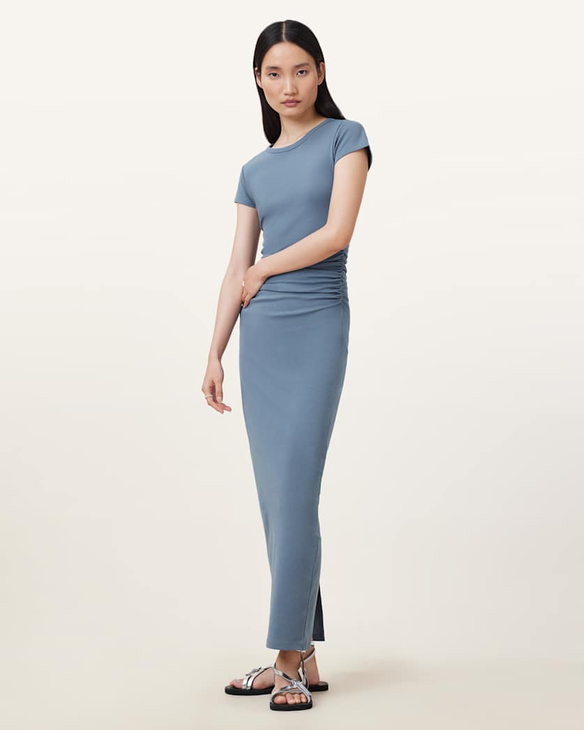 all saints Katarina Short Sleeve Slim Fit Midi Dress Flint Stone Blue