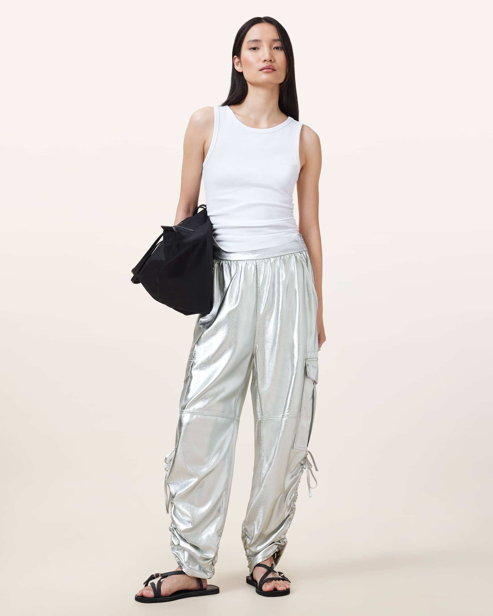 All Saints Kaye Relaxed Fit Drawcord Pants Metallic Silver