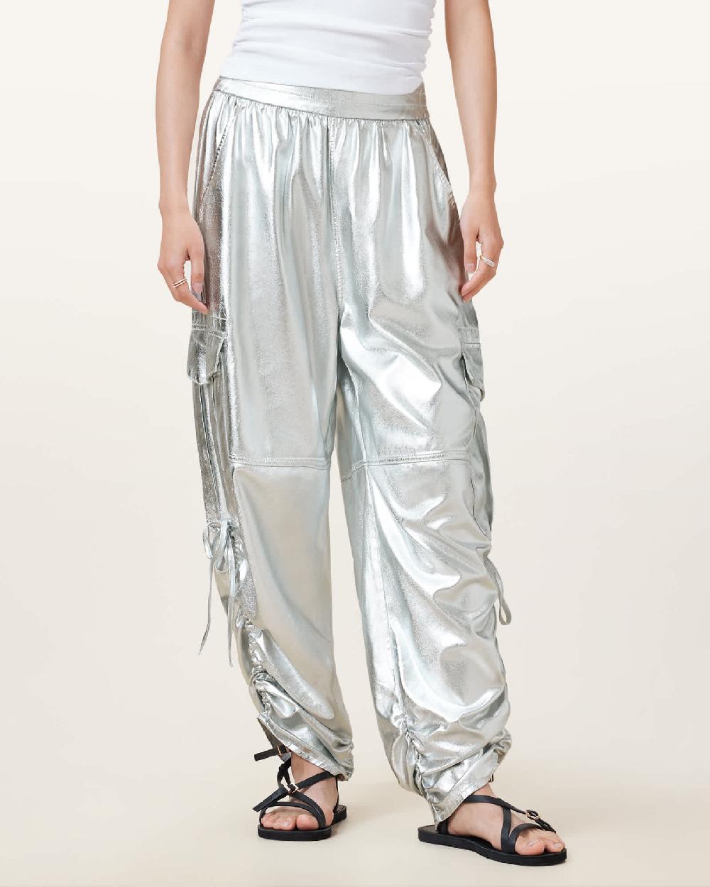 All Saints Kaye Relaxed Fit Drawcord Pants Metallic Silver