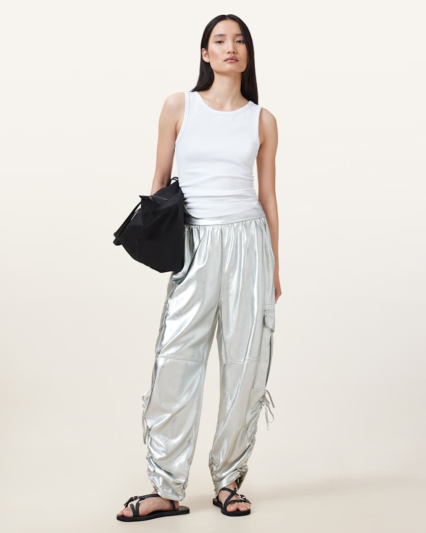 all saints Kaye Relaxed Fit Drawcord Pants Metallic Silver