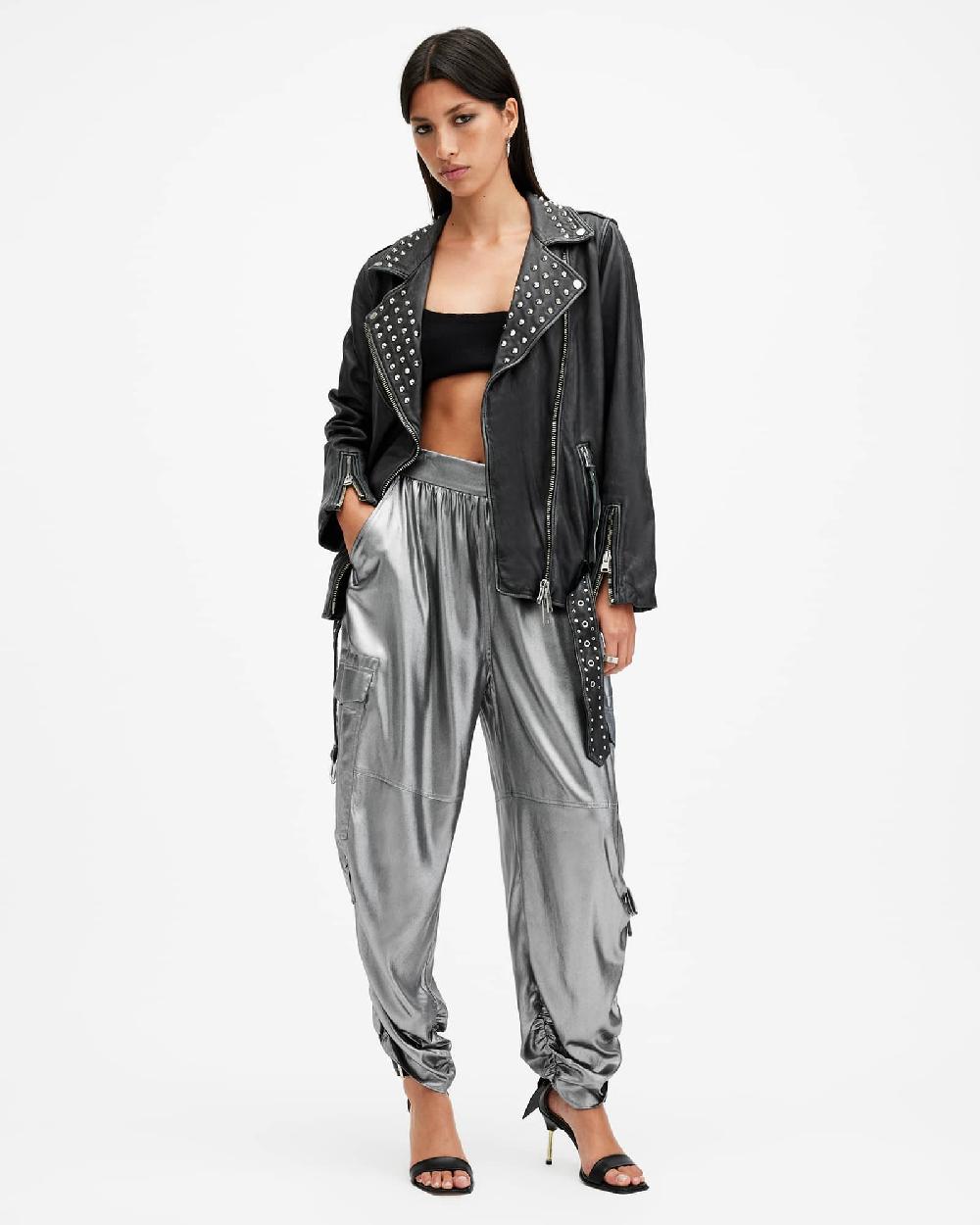 All Saints Kaye Straight Fit Drawcord Pants Metallic Grey