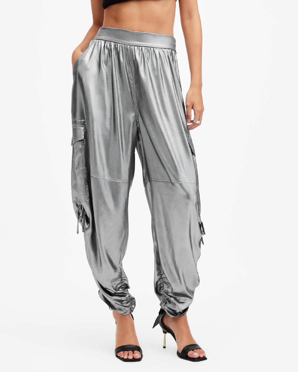 All Saints Kaye Straight Fit Drawcord Pants Metallic Grey