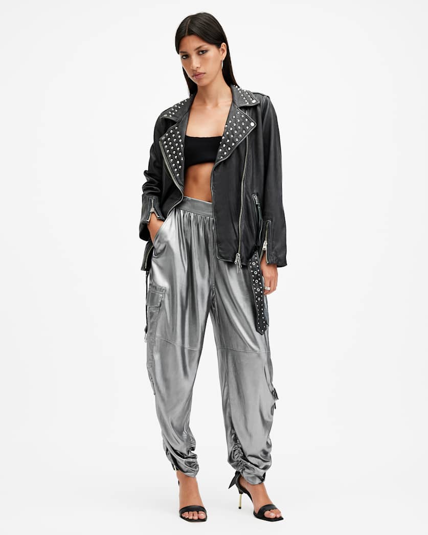 all saints Kaye Straight Fit Drawcord Pants Metallic Grey