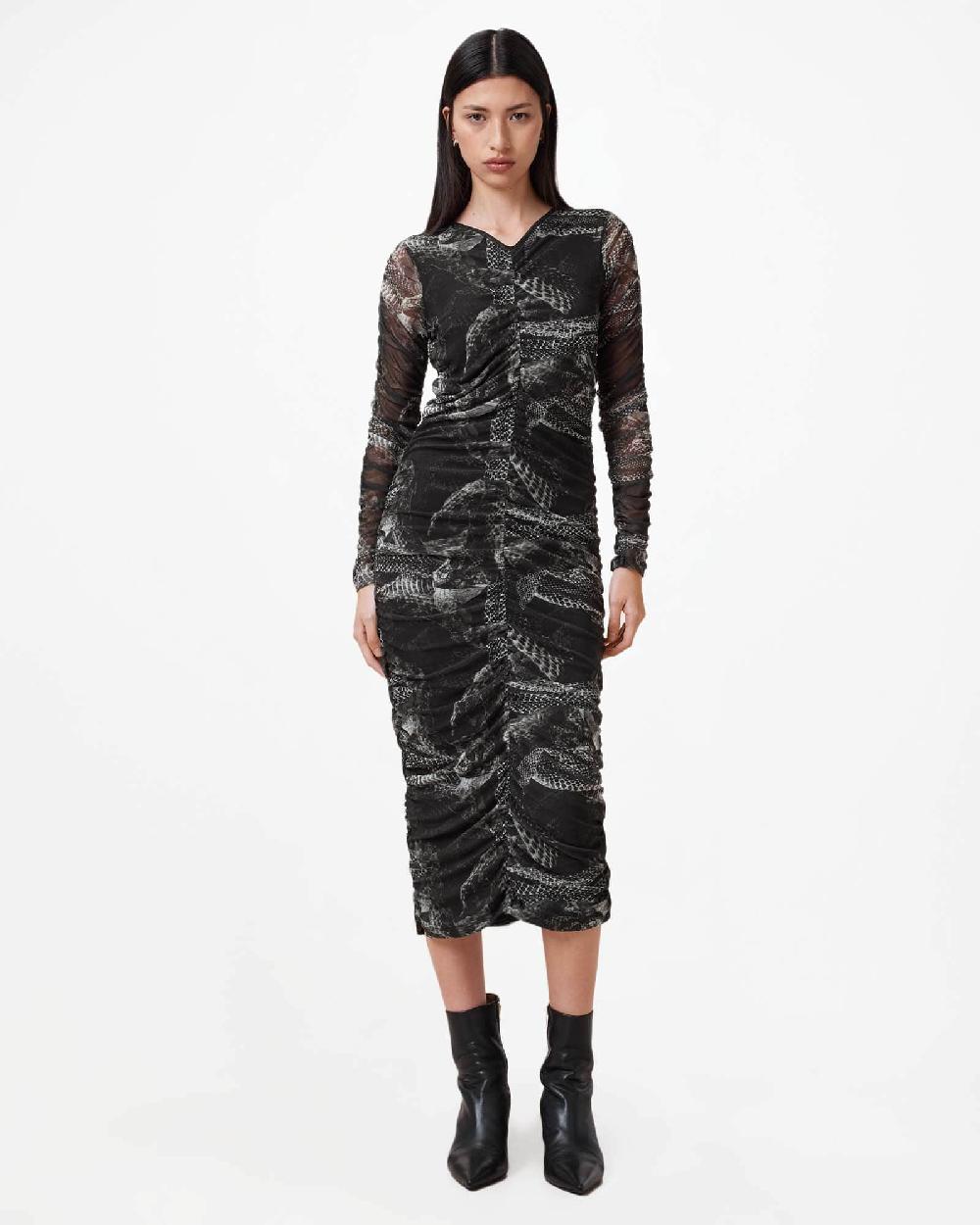 All Saints Keiko Mesh Gathered V-Neck Midi Dress EVOLVE SLATE GREY