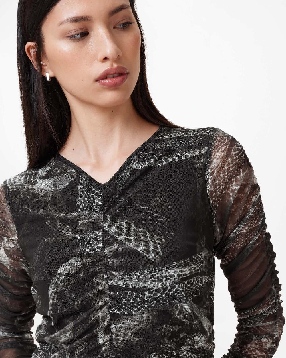 All Saints Keiko Mesh Gathered V-Neck Midi Dress EVOLVE SLATE GREY