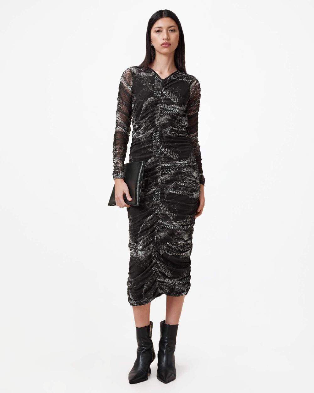 All Saints Keiko Mesh Gathered V-Neck Midi Dress EVOLVE SLATE GREY