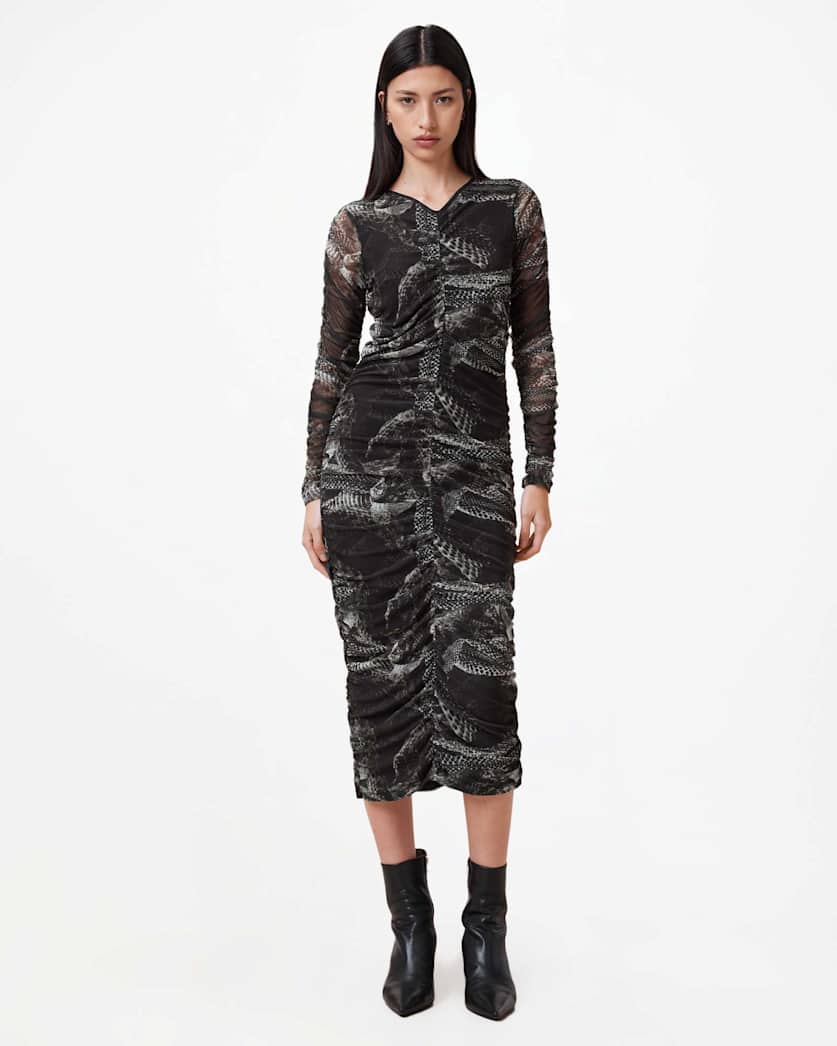 all saints Keiko Mesh Gathered V-Neck Midi Dress EVOLVE SLATE GREY
