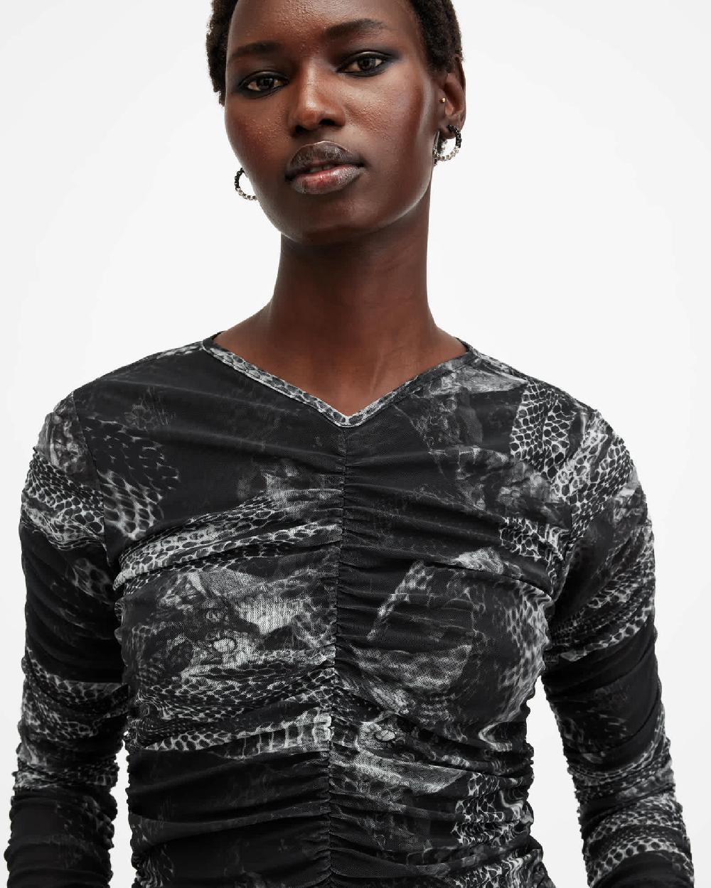 All Saints Keiko Mesh Gathered V-Neck Top EVOLVE SLATE GREY