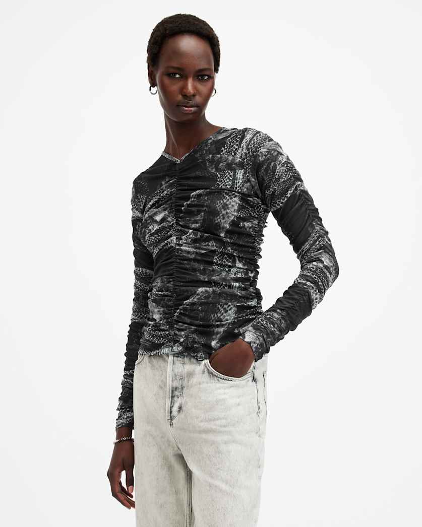 all saints Keiko Mesh Gathered V-Neck Top EVOLVE SLATE GREY