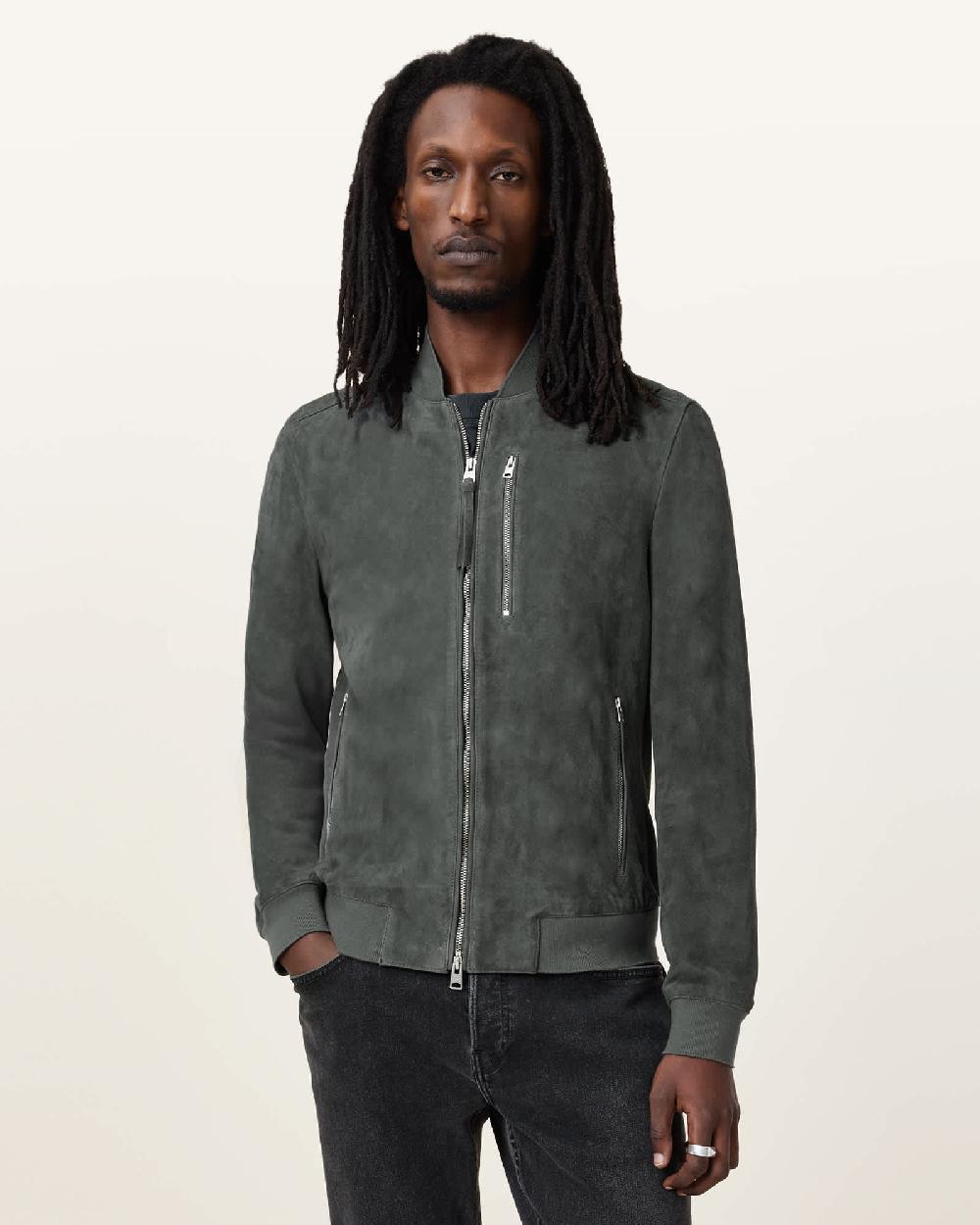 All Saints Kemble Suede Bomber Jacket Slatestone Grey