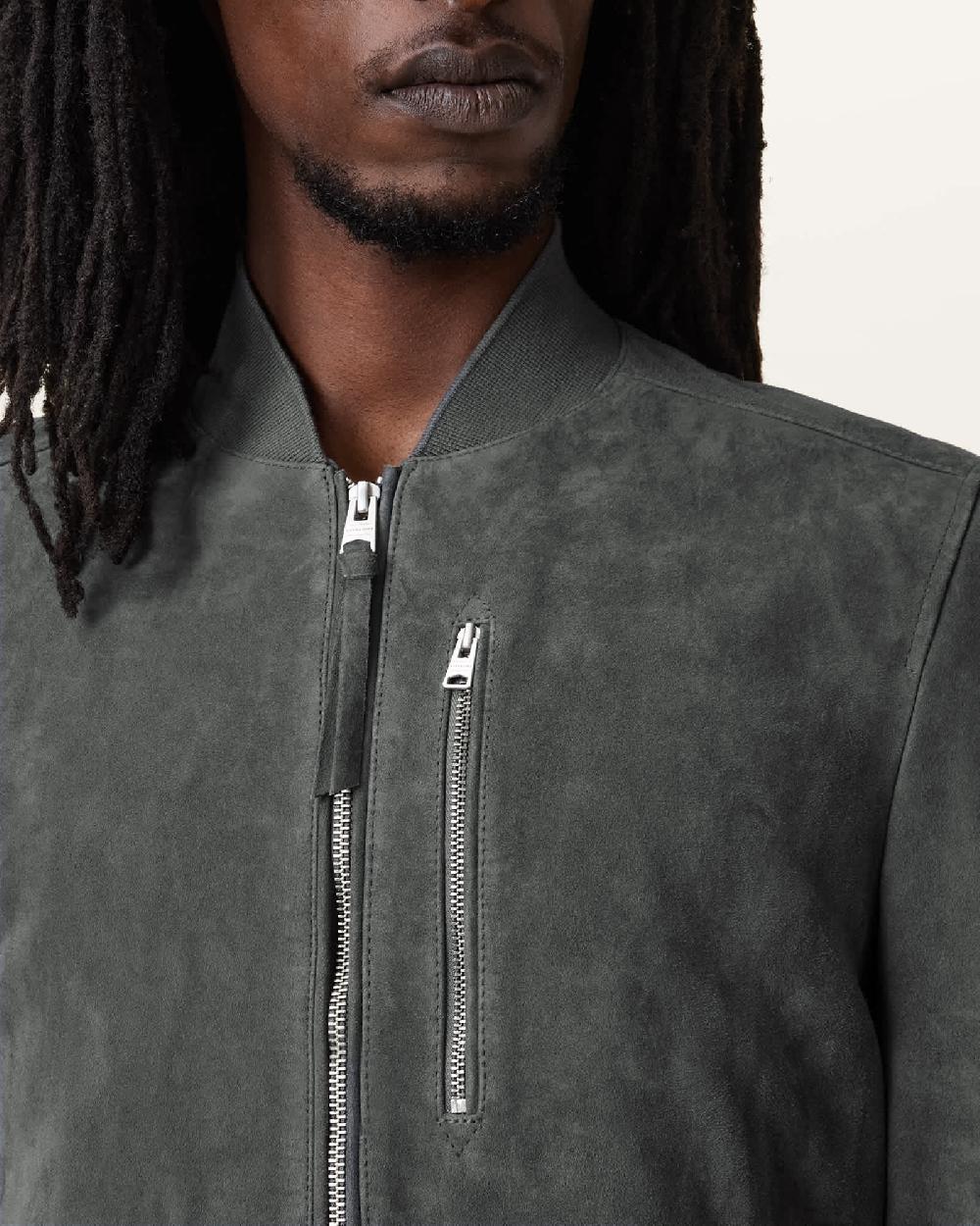 All Saints Kemble Suede Bomber Jacket Slatestone Grey