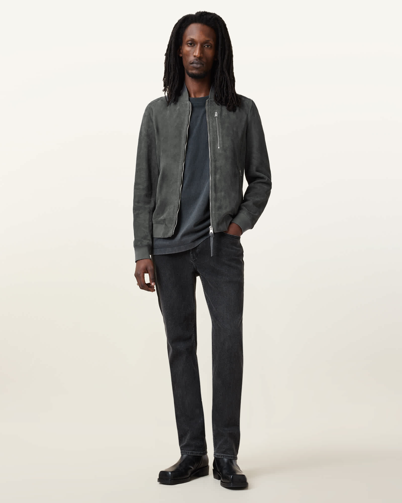 All Saints Kemble Suede Bomber Jacket Slatestone Grey