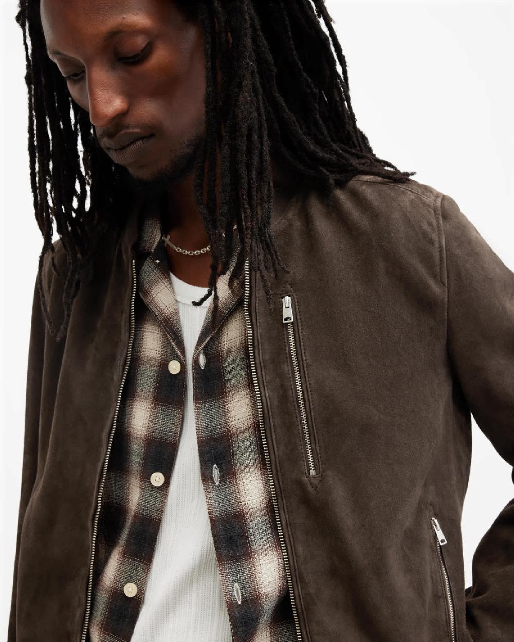 All Saints Kemble Suede Bomber Jacket Woodland Brown
