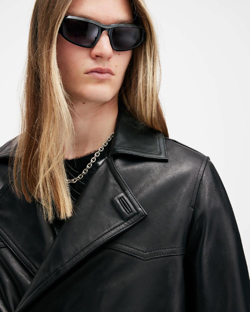 All Saints Kessler Double Breasted Leather Coat Black