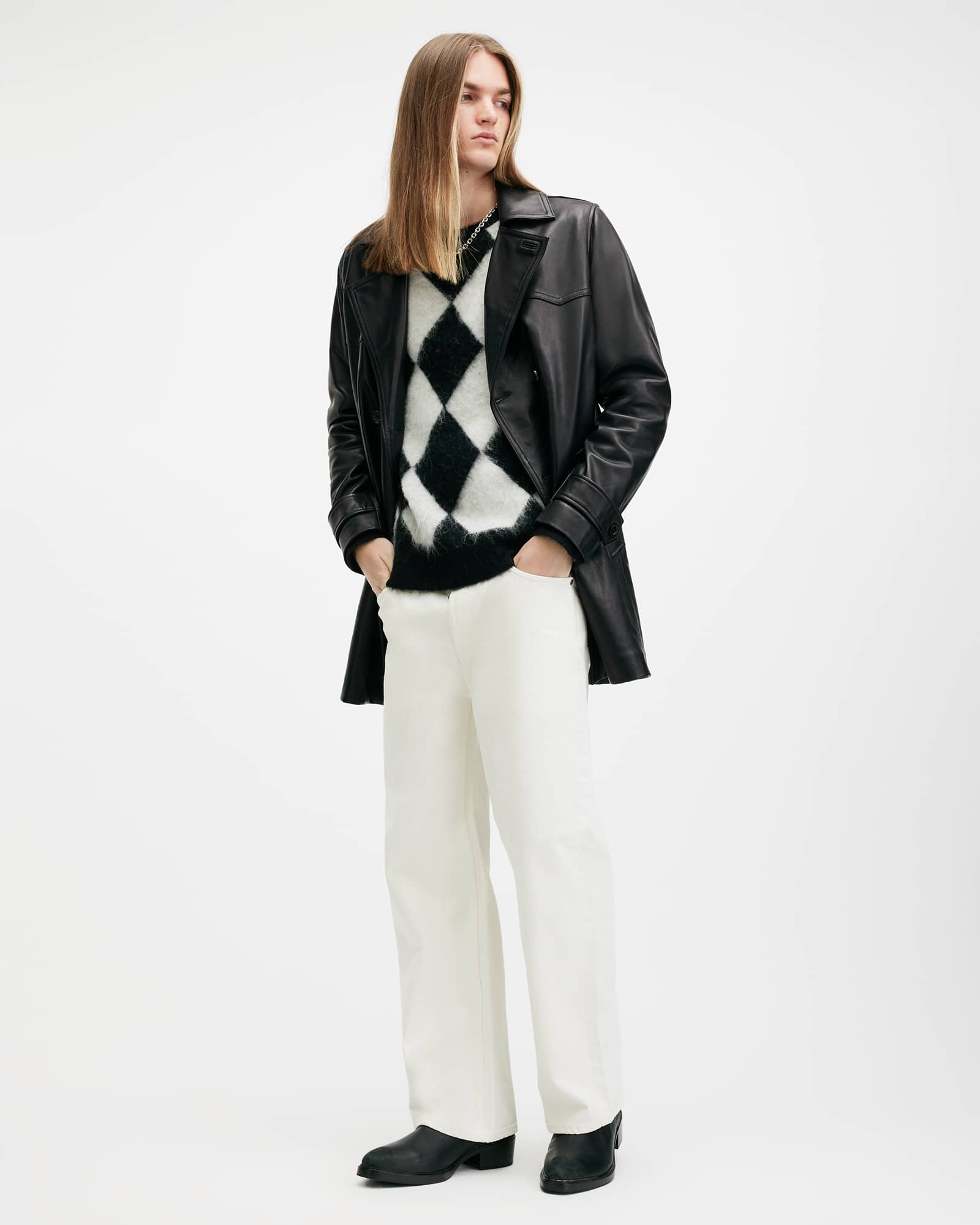 All Saints Kessler Double Breasted Leather Coat Black