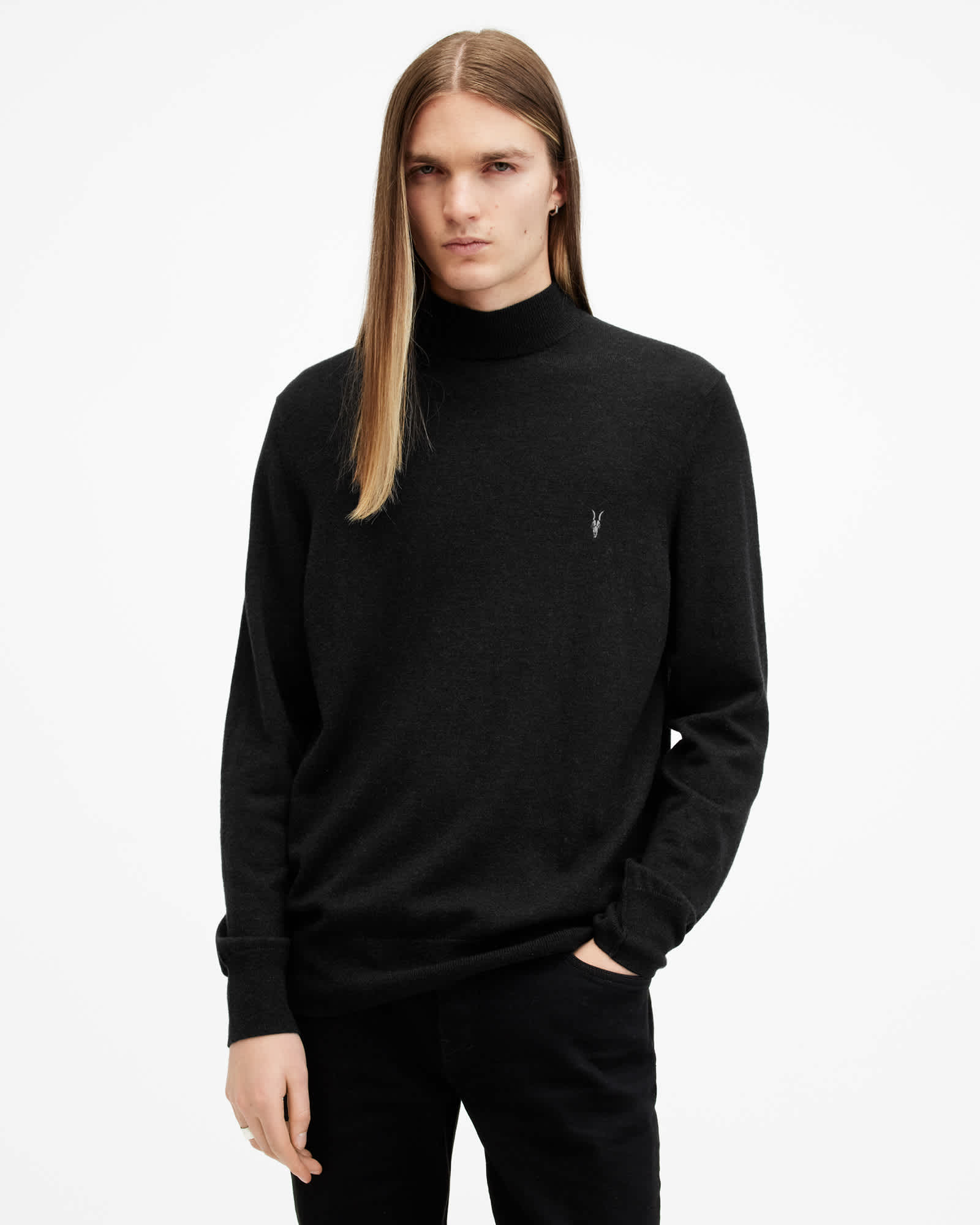All Saints Kilburn Mock Neck Ramskull Sweater Cinder Black Marl