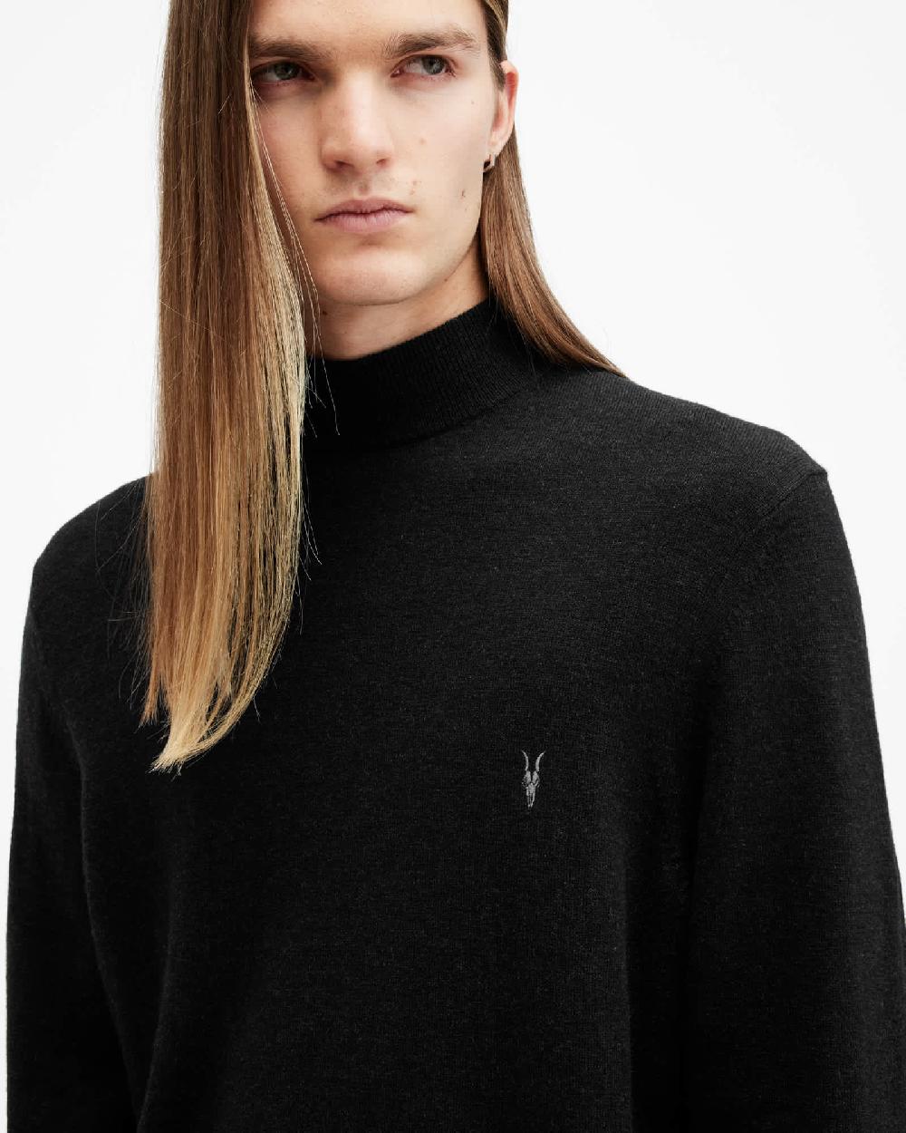 All Saints Kilburn Mock Neck Ramskull Sweater Cinder Black Marl