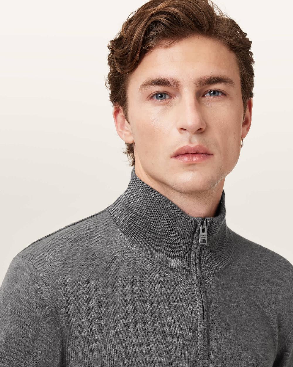 All Saints Kilburn Zip Funnel Neck Ramskull Jumper Monument Gray