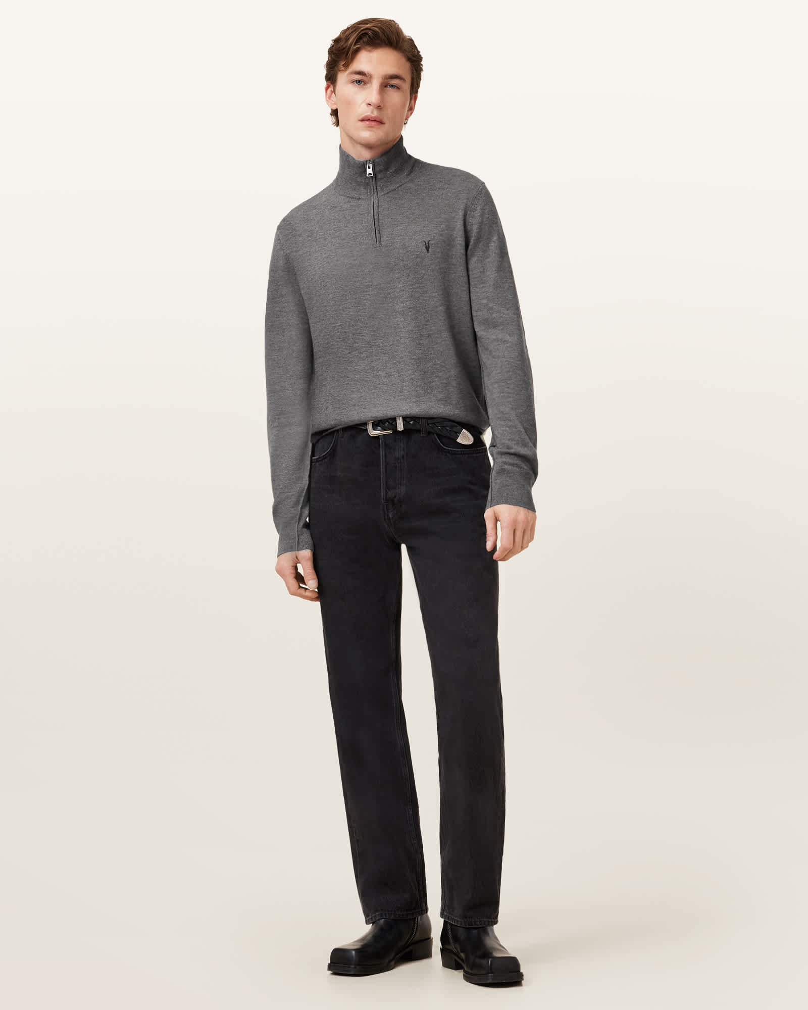 All Saints Kilburn Zip Funnel Neck Ramskull Jumper Monument Gray