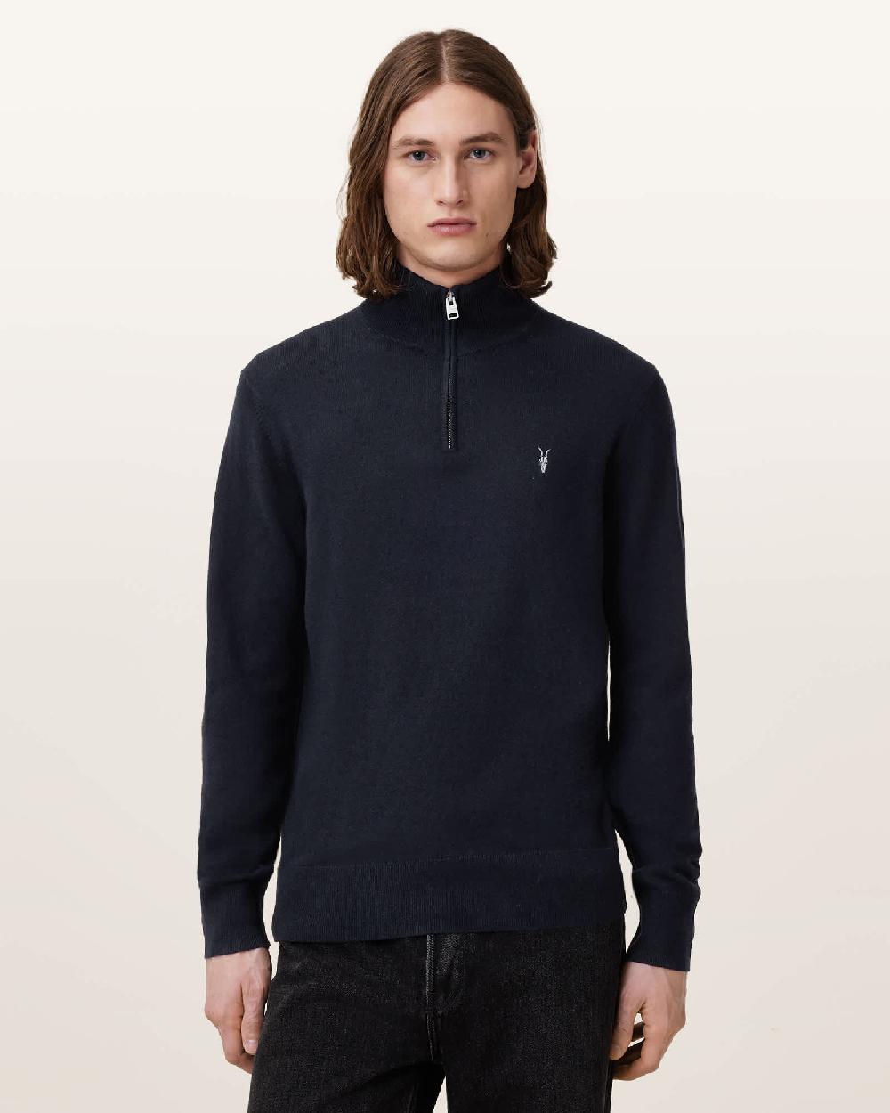 All Saints Kilburn Zip Funnel Neck Ramskull Jumper Navy Blue