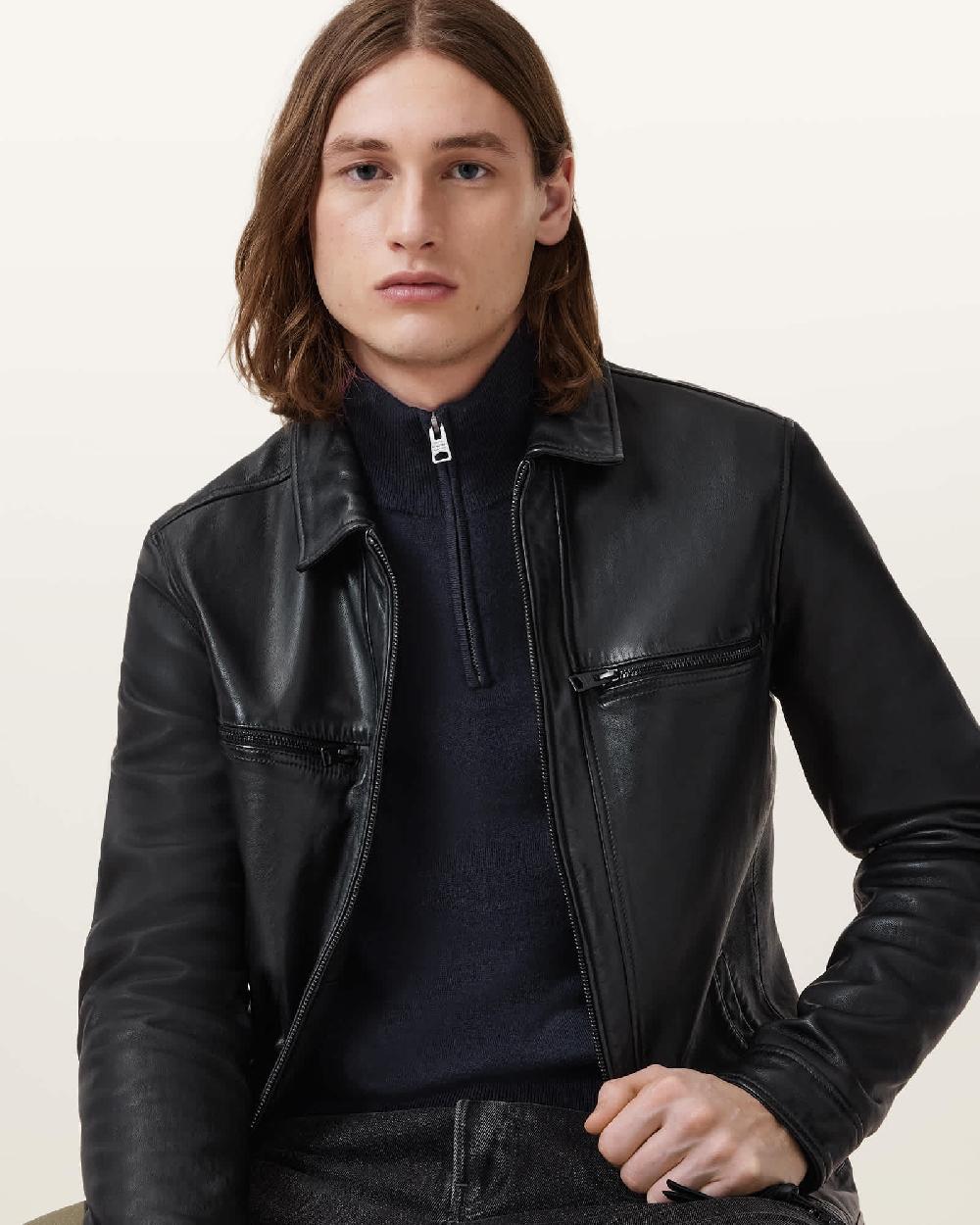 All Saints Kilburn Zip Funnel Neck Ramskull Jumper Navy Blue