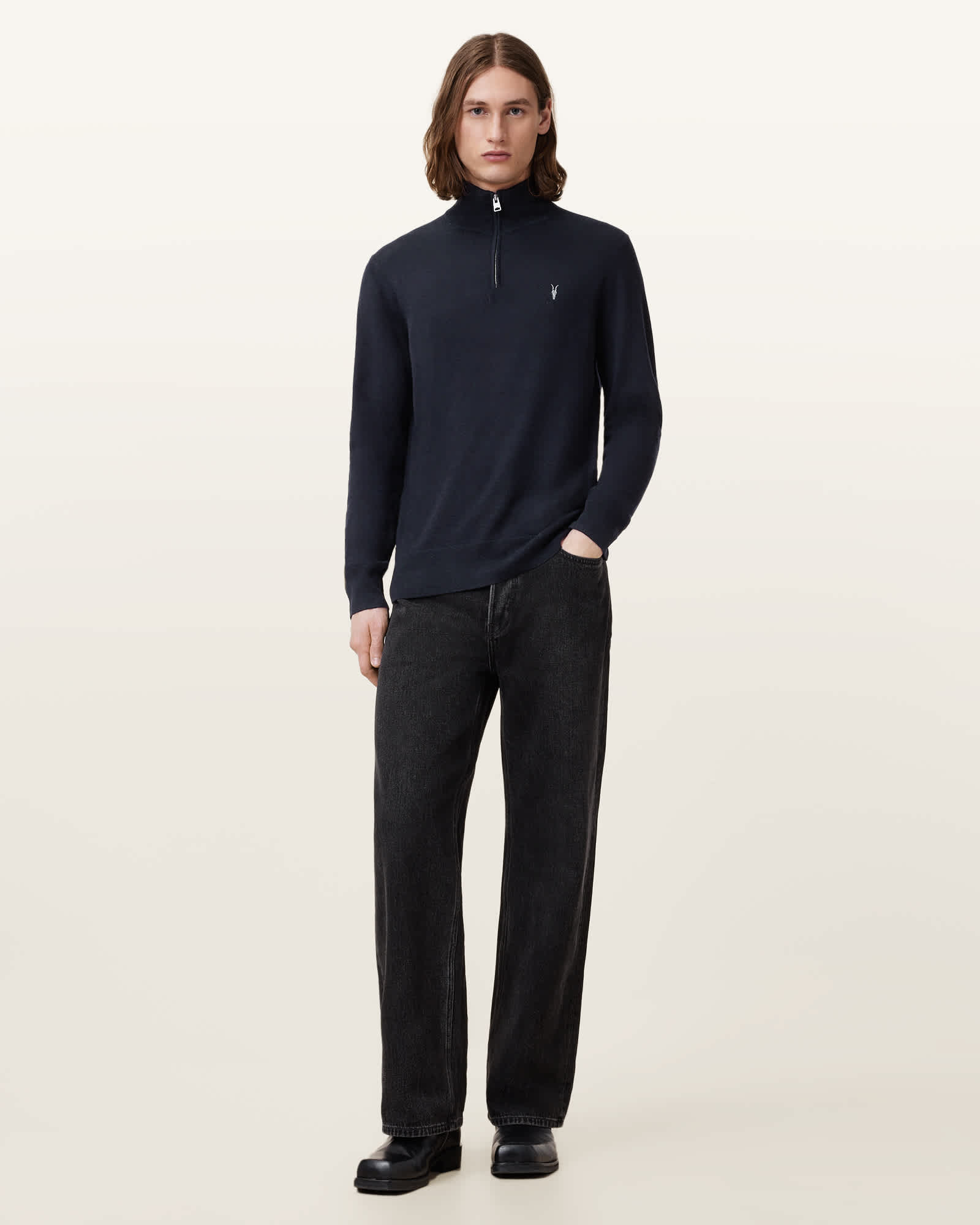 All Saints Kilburn Zip Funnel Neck Ramskull Jumper Navy Blue