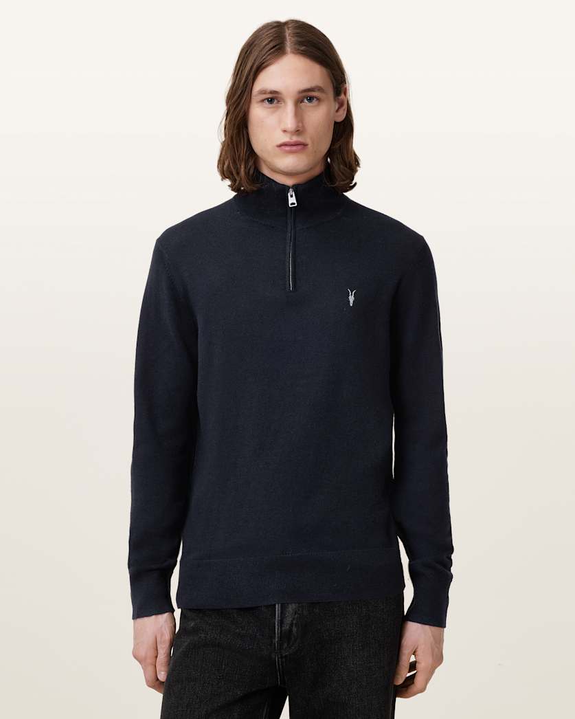 all saints Kilburn Zip Funnel Neck Ramskull Jumper Navy Blue