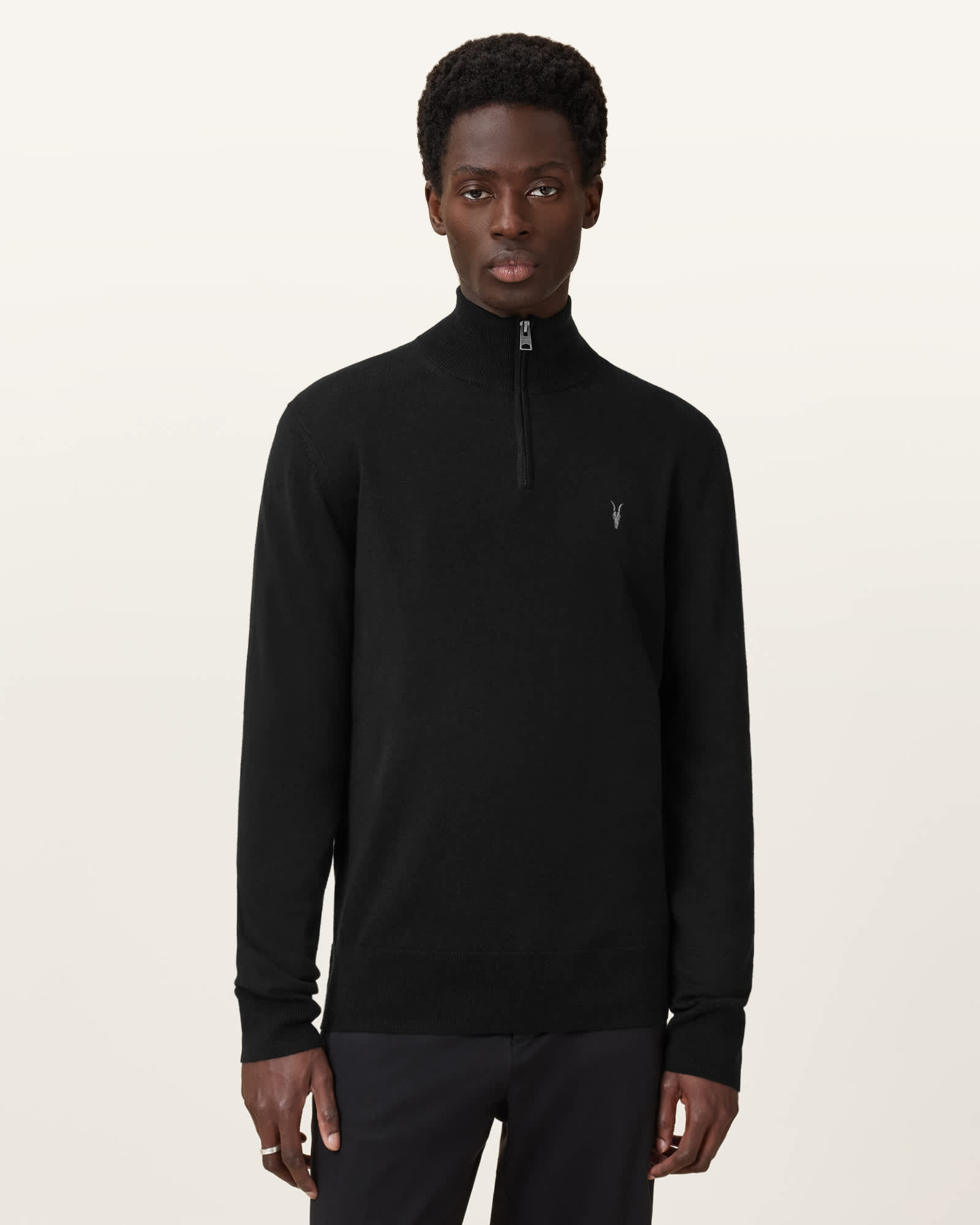All Saints Kilburn Zip Funnel Neck Ramskull Sweater Black
