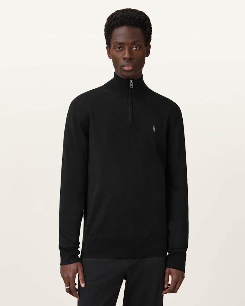 all saints Kilburn Zip Funnel Neck Ramskull Sweater Black