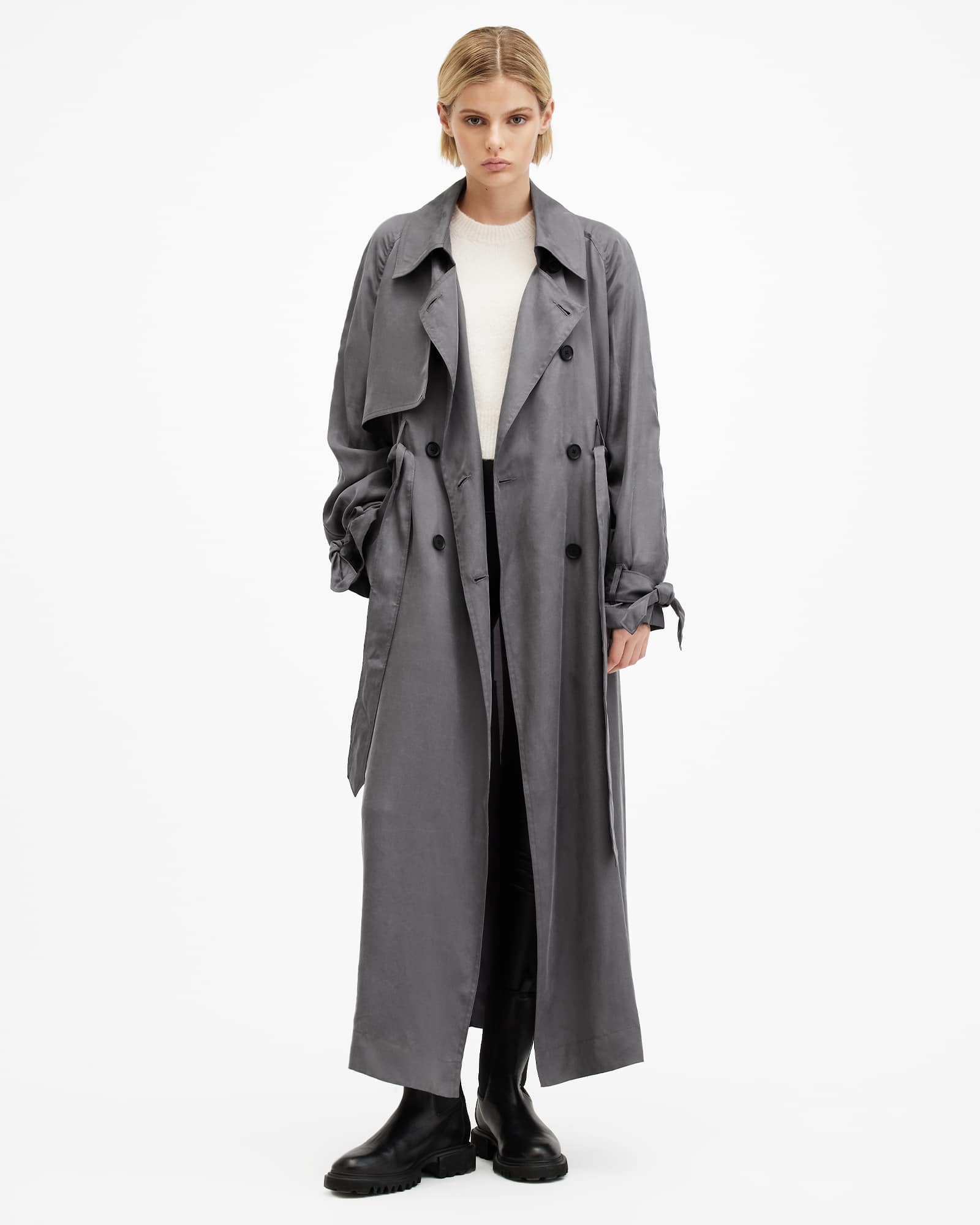 All Saints Koko Longline Oversized Trench Coat Eiffel Grey