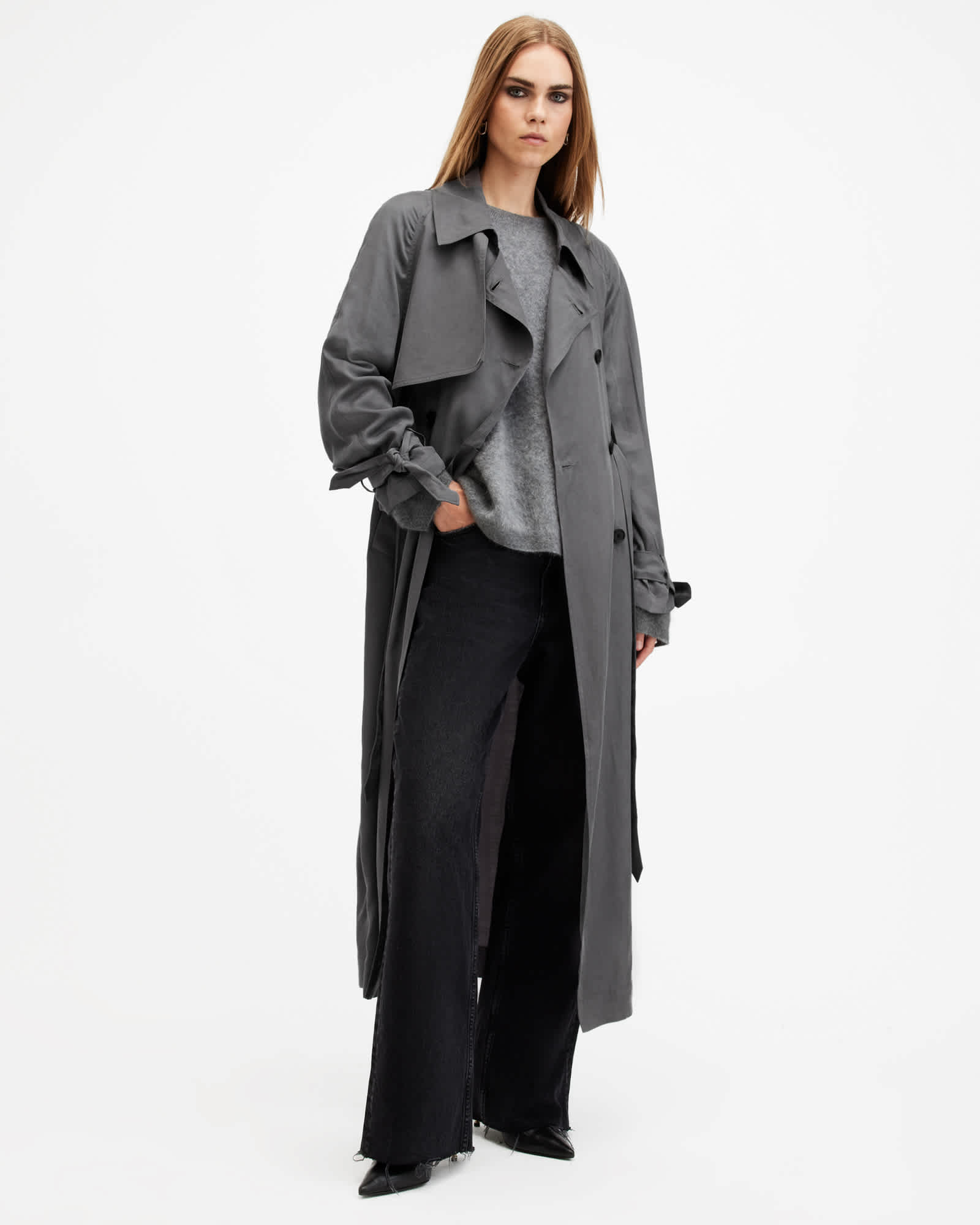 All Saints Koko Longline Oversized Trench Coat Eiffel Grey