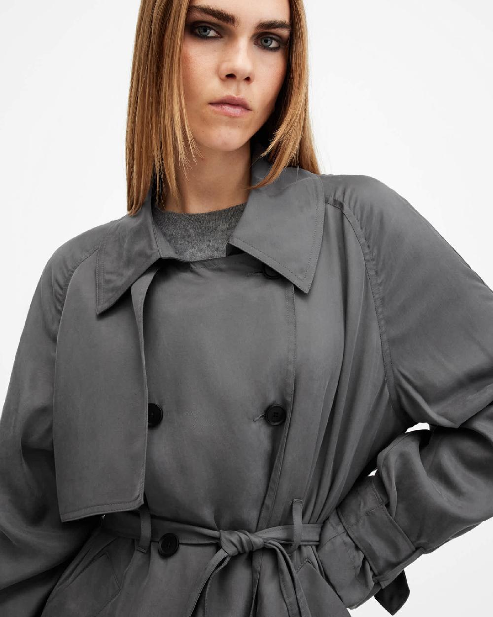 All Saints Koko Longline Oversized Trench Coat Eiffel Grey