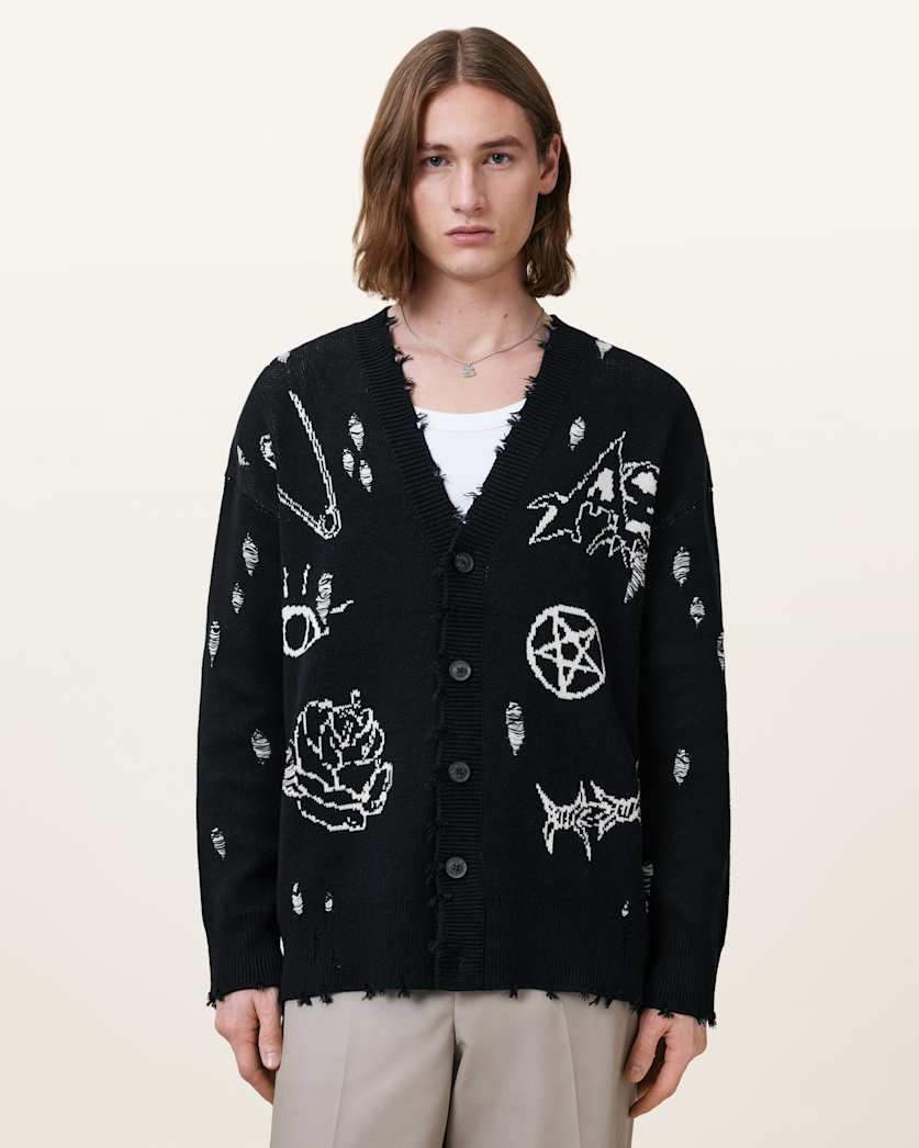 all saints Koto Gothic Jacquard Cardigan BLACK/CHALK WHITE