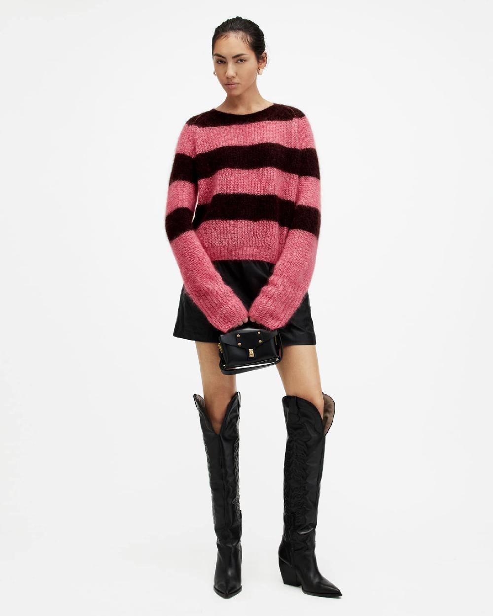 All Saints Lana Brushed Striped Sweater POPPY PINK/RED
