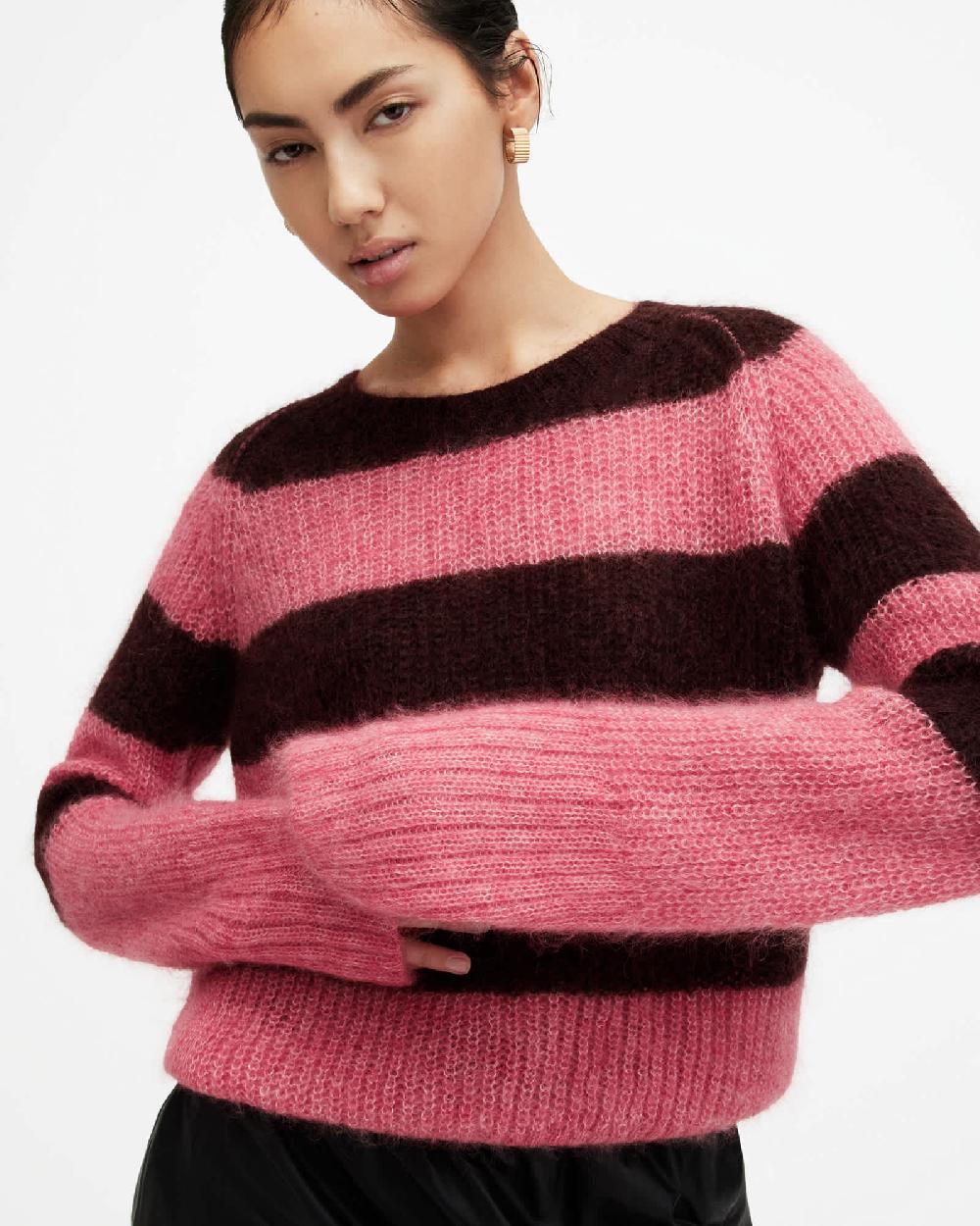 All Saints Lana Brushed Striped Sweater POPPY PINK/RED