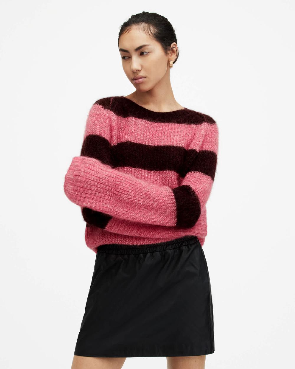 All Saints Lana Brushed Striped Sweater POPPY PINK/RED