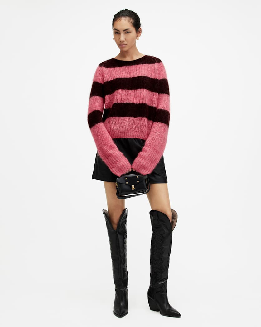 all saints Lana Brushed Striped Sweater POPPY PINK/RED