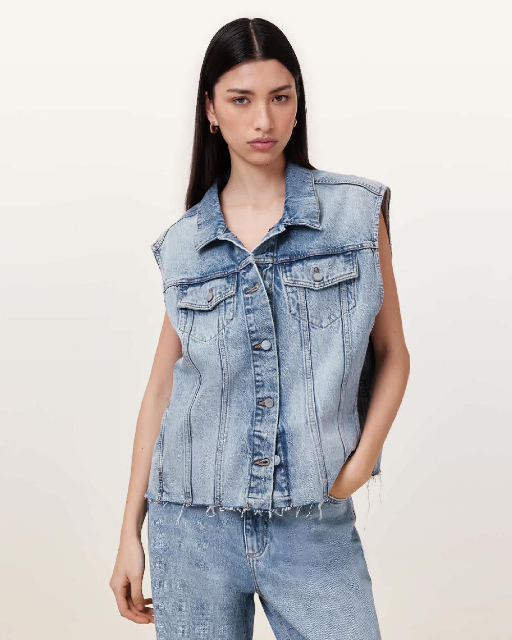 All Saints Laura Embellished Denim Vest Light Indigo