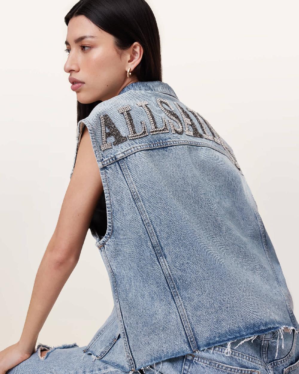 All Saints Laura Embellished Denim Vest Light Indigo
