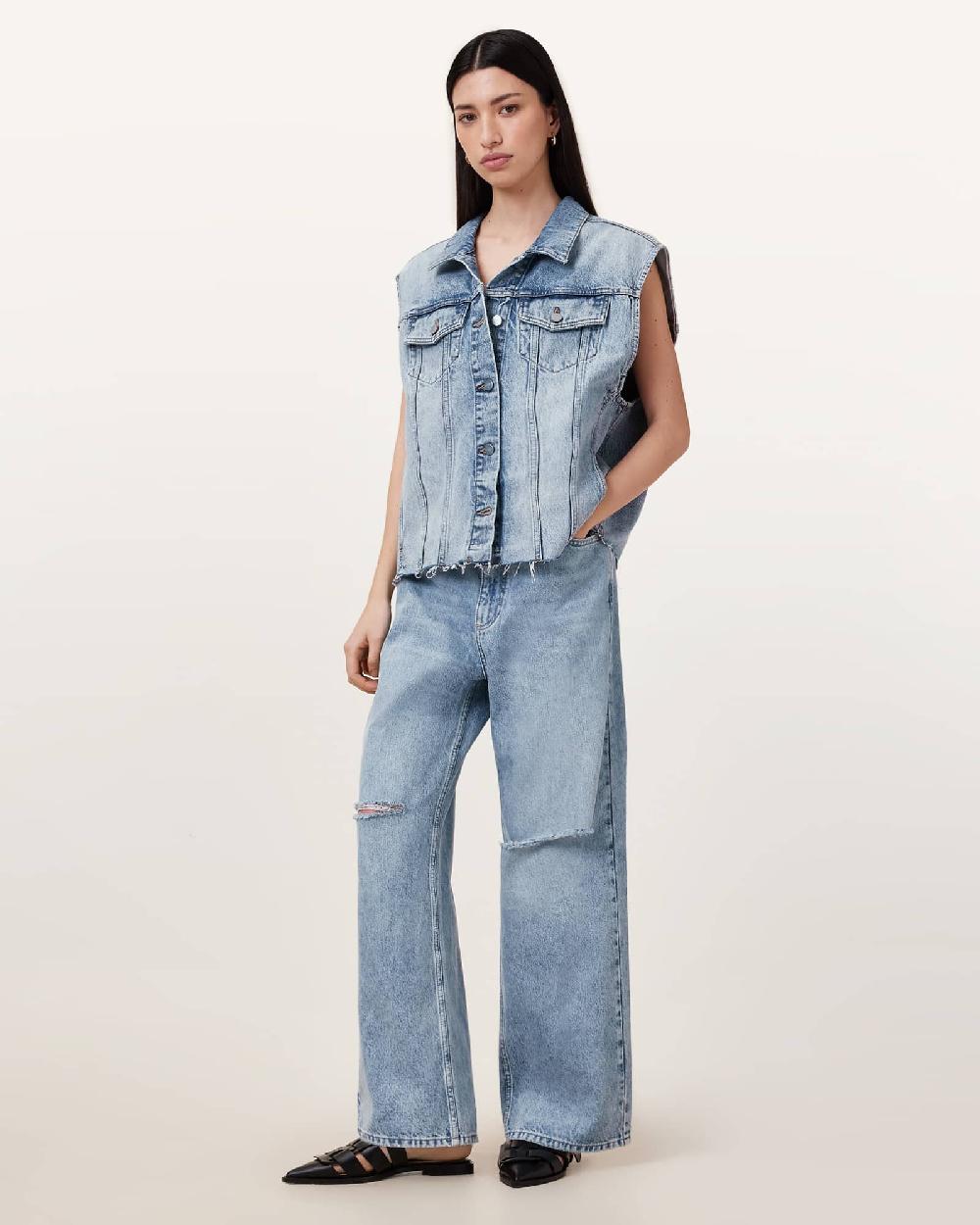 All Saints Laura Embellished Denim Vest Light Indigo