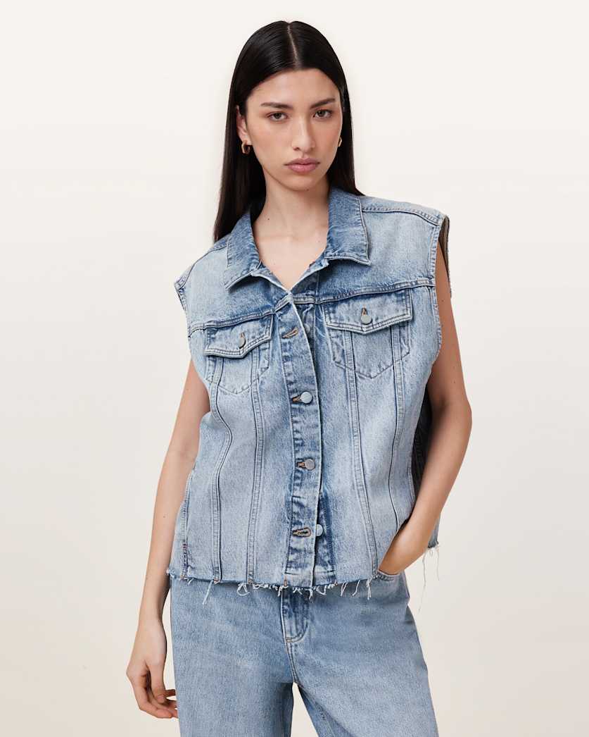 all saints Laura Embellished Denim Vest Light Indigo