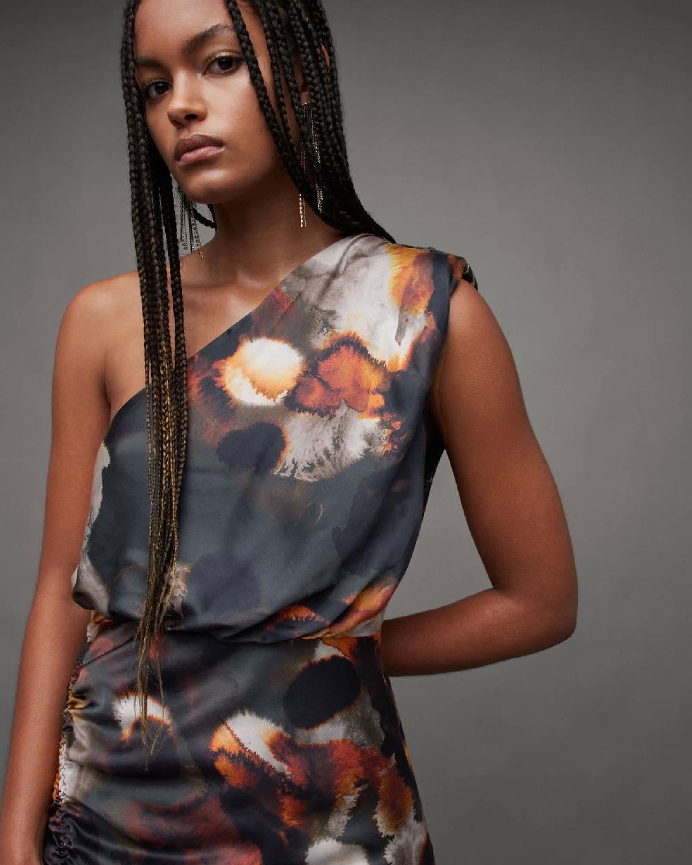 All Saints Laura Silk Blend One Shoulder Maxi Dress Rust Brown