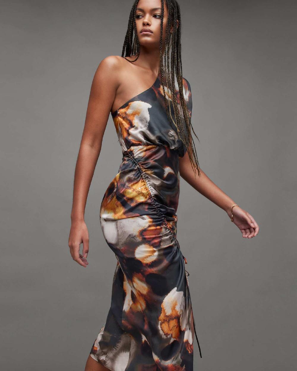 All Saints Laura Silk Blend One Shoulder Maxi Dress Rust Brown