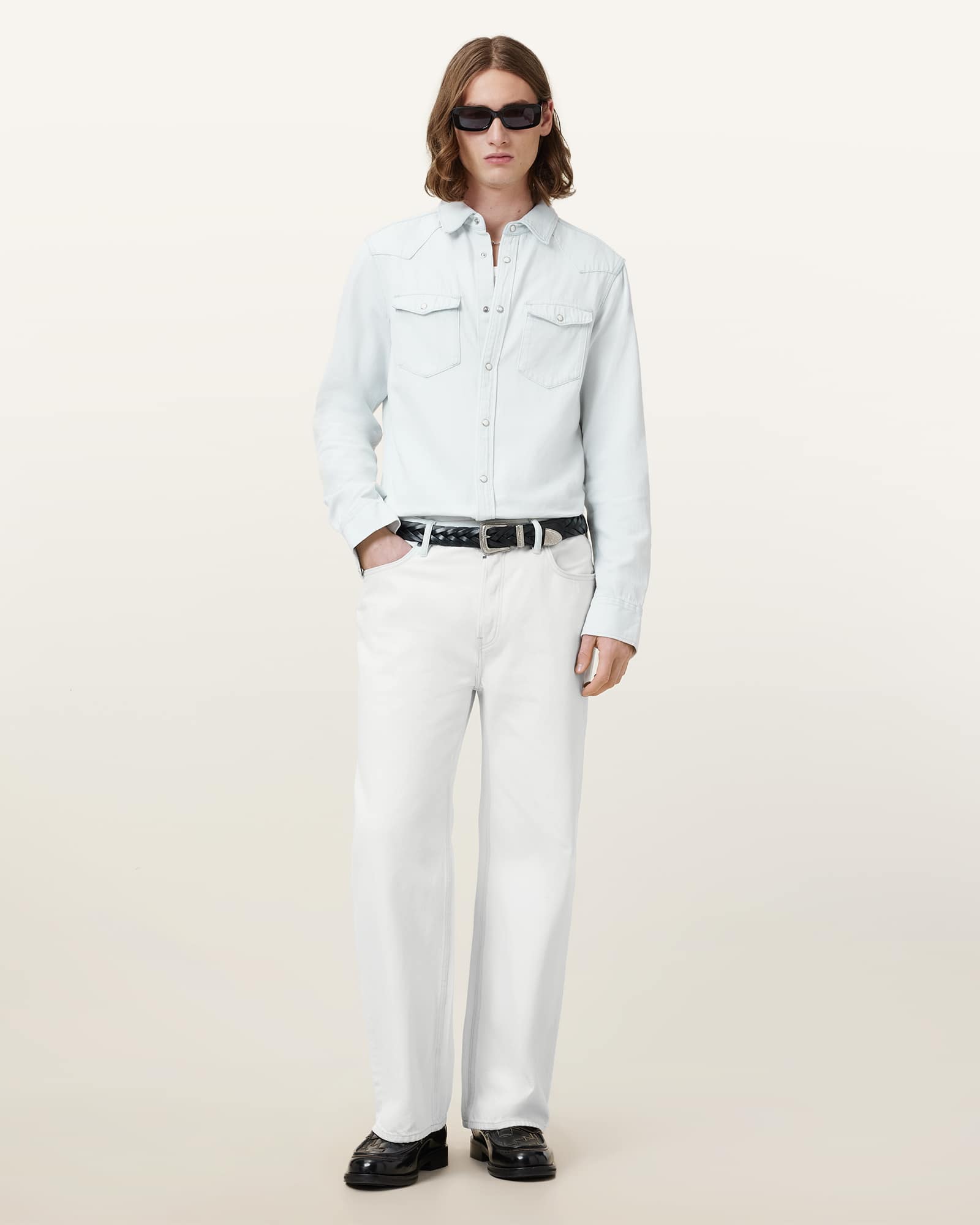 All Saints Lenny Loose Fit Wide Leg Denim Jeans Bleach White