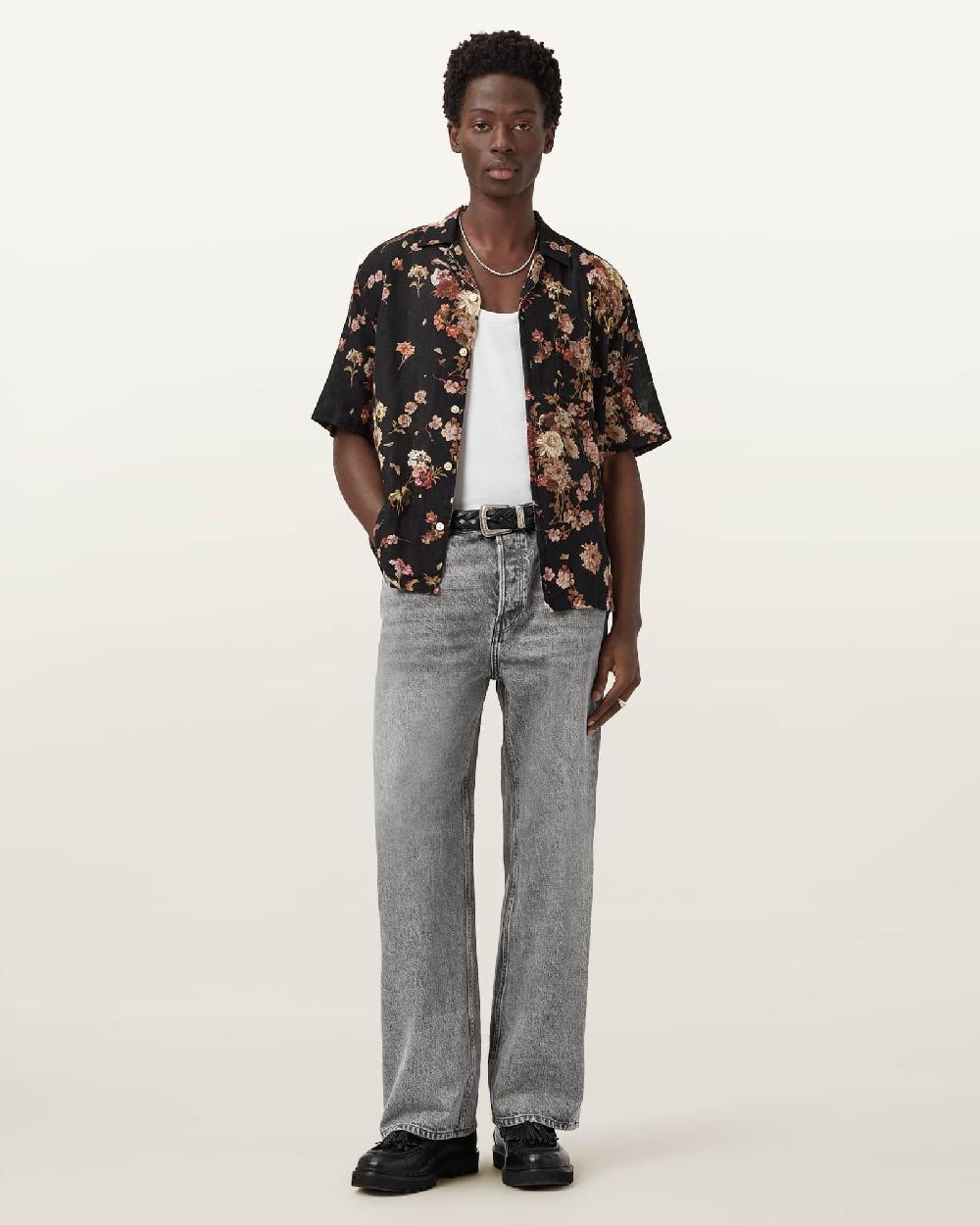 All Saints Lenny Loose Fit Wide Leg Denim Jeans Light Grey