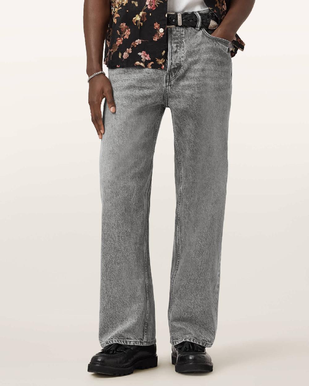 All Saints Lenny Loose Fit Wide Leg Denim Jeans Light Grey