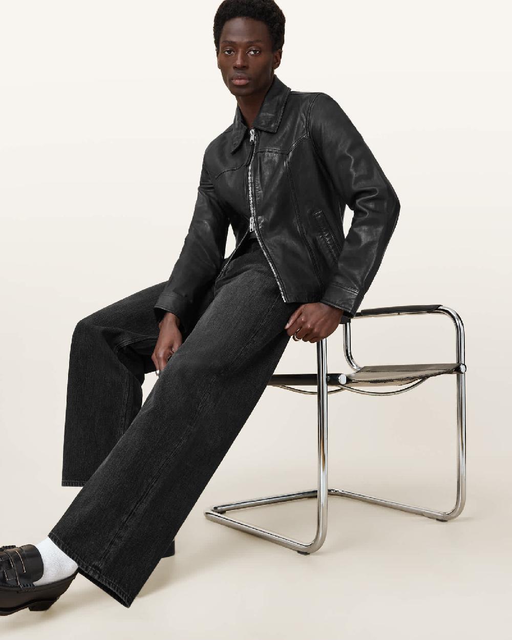 All Saints Lenny Loose Fit Wide Leg Denim Jeans Washed Black