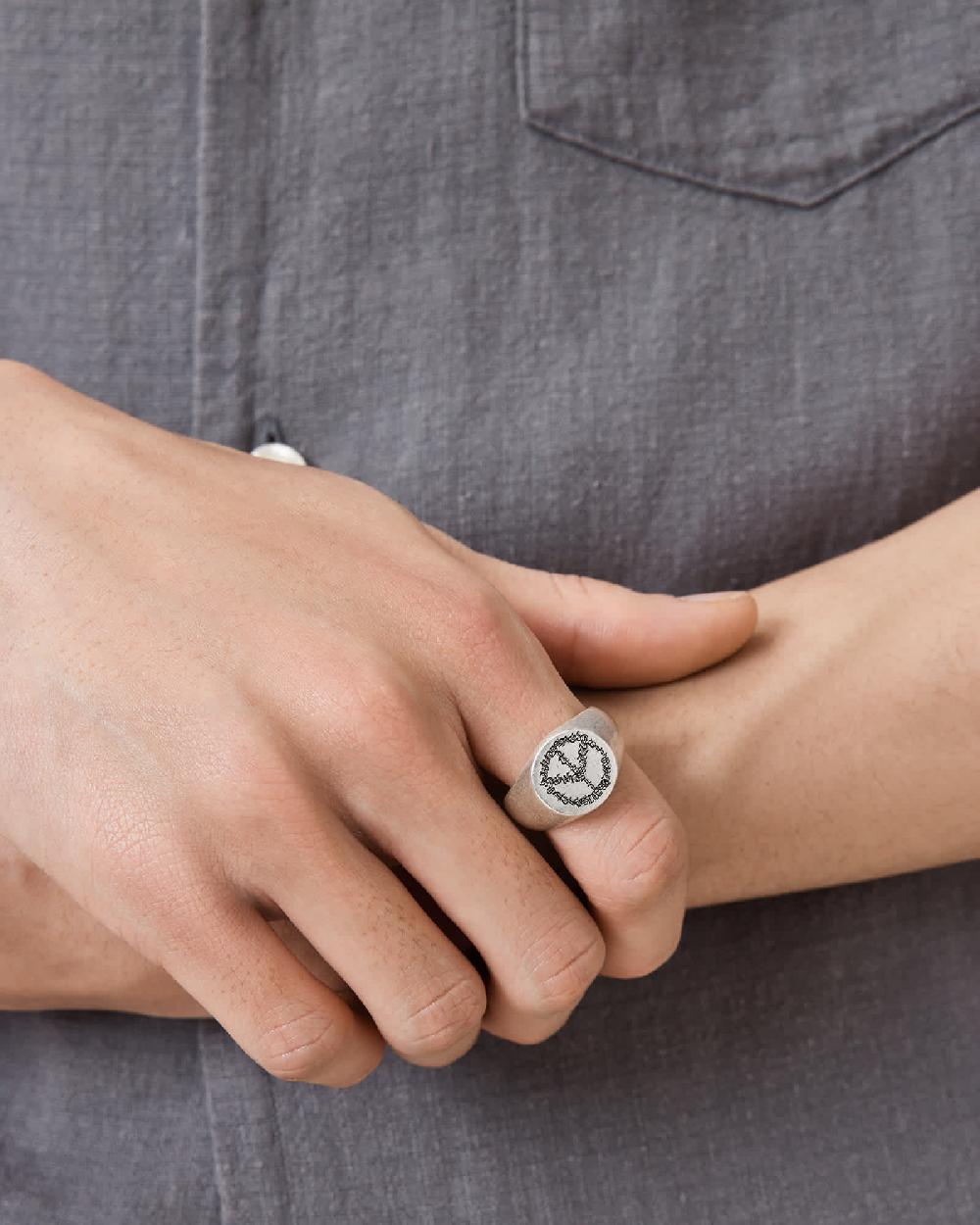 All Saints Leon Sterling Silver Peace Engraved Ring Warm Silver