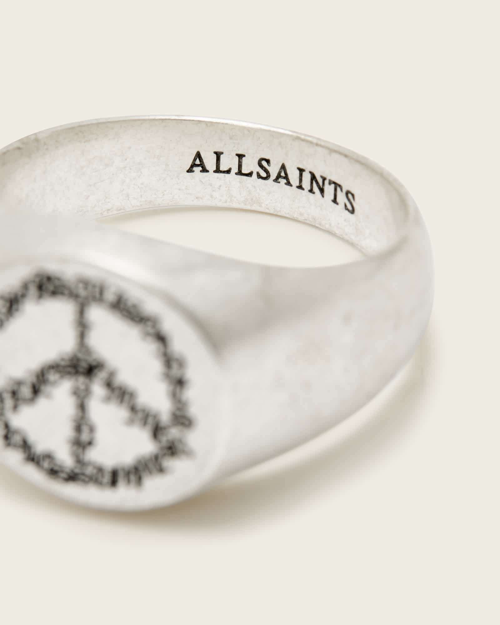 All Saints Leon Sterling Silver Peace Engraved Ring Warm Silver